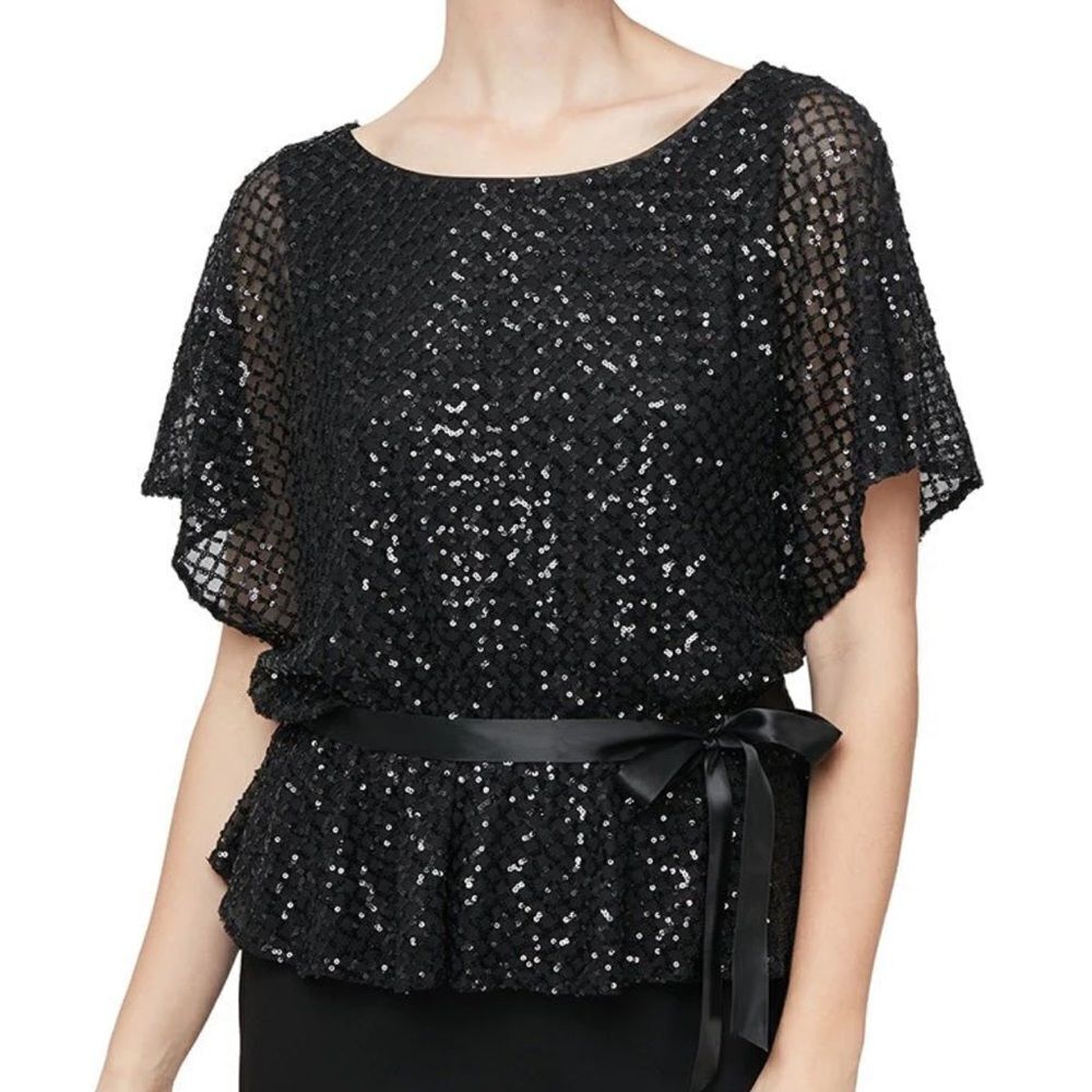 NWT Alex Evenings Sequin Short Sleeve Blouson Blouse with Tie Belt, Large Petite